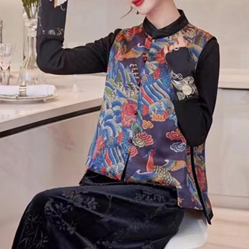 Jarní a podzimní retro čínský styl národní styl výšivky etnický styl tisk oboustranné oblečení módní stojáček krátká vesta pro ženy