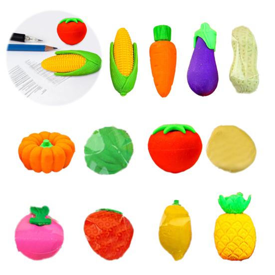 12 Stück Obst-Gemüse-Radiergummi Set Mini 3D Zitrone Tomate Aubergine Bleistift Radiergummi für Klassenzimmerpreise Geschenke Zubehör Schulanfang Partygeschenke