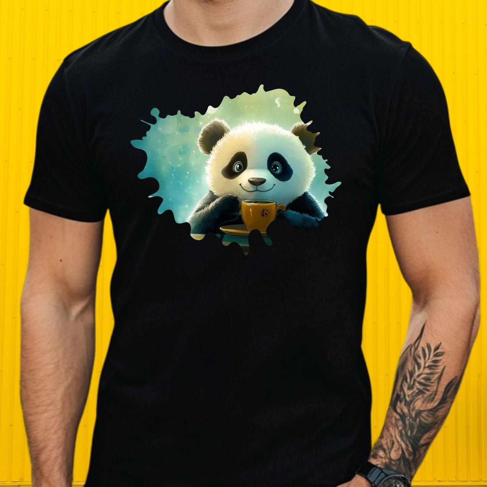 T-Shirt Herren Panda trinkt Kaffee Motiv Baumwolle Größe S bis 5XL XS