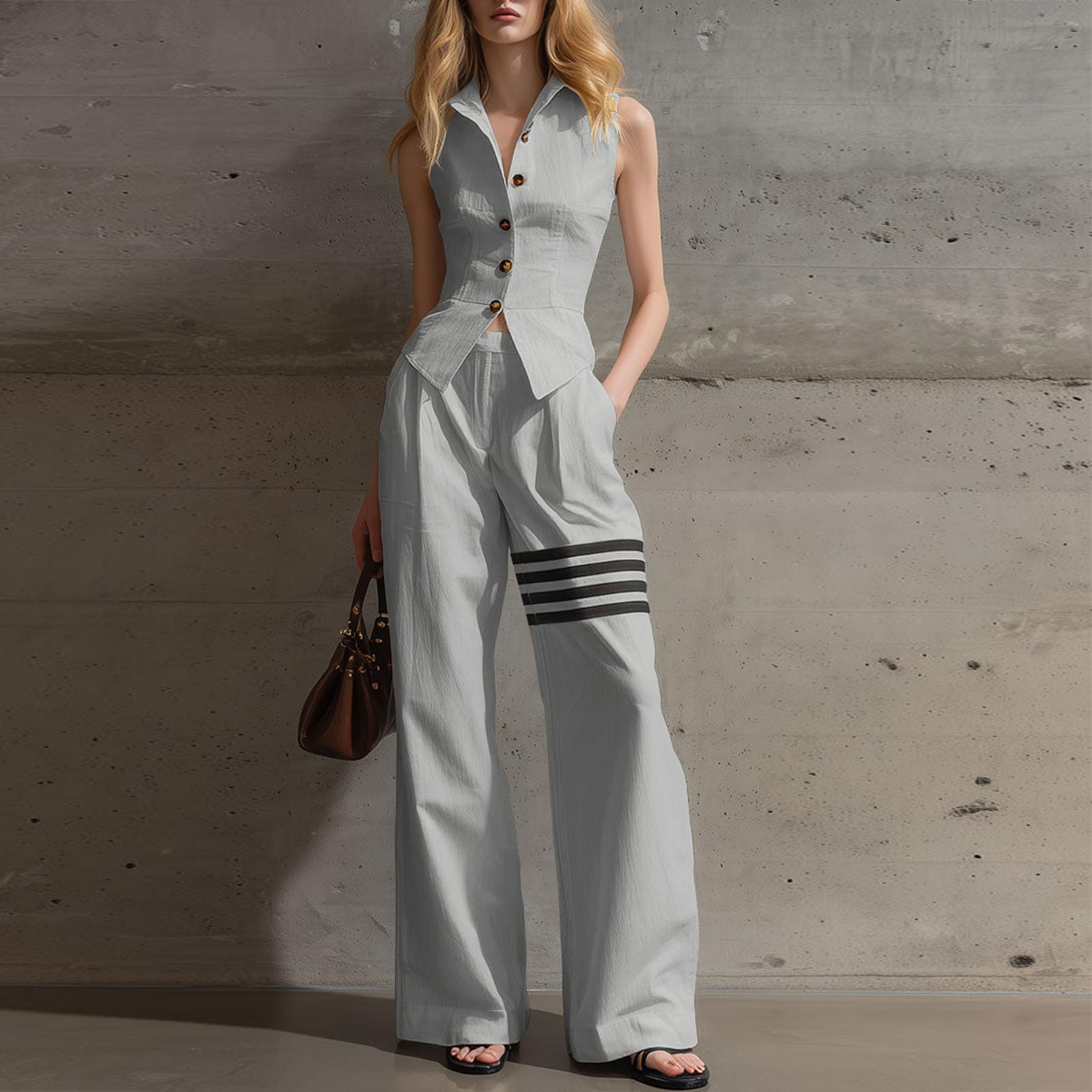 

Women s Sleeveless Buckle Tight Waist Shirt Straight Wide Leg Pants Fashion Casual Suit M