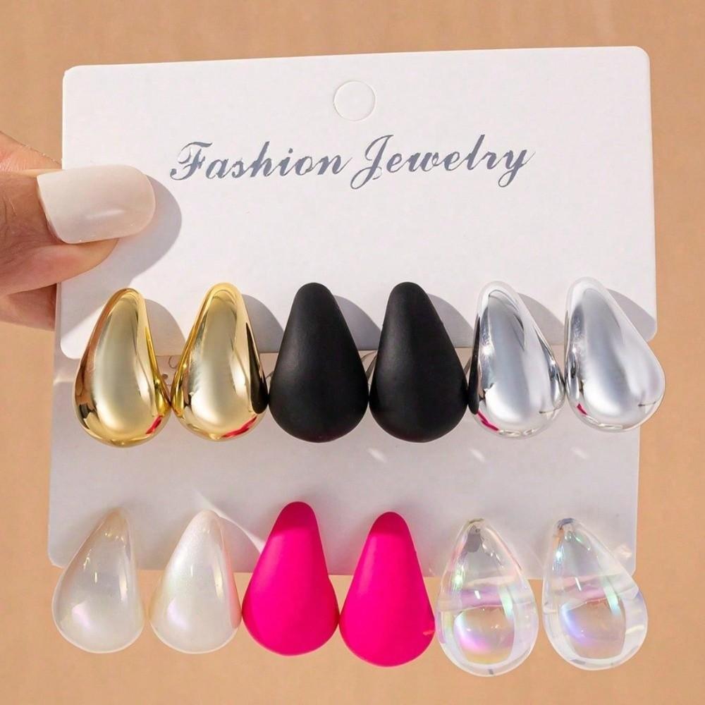 6pairs Chunky Water-drop Drop Earrings Glossy Luxury Chunky Waterdrop Earrings Matte Finish Bead Stud Earring