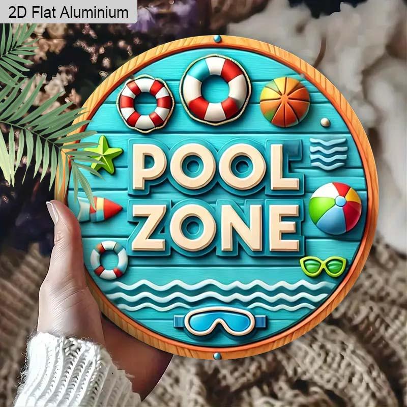 2D Flat 1pc Pool Zone Aluminum Decoration Plaque, "Pool Zone" Lettering Sign, Backyard Poolside Decor, Beach House Decor, Summer Party Decor and