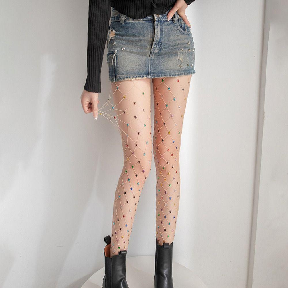 Star Accents Fishnet Pantyhose Diamond Mesh Mesh Stockings Sexy Party Hosiery  Stage Performance