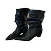 New European and American sexy stacked medium boots pleated tube circumference short boots pointed fashion slope heel high heel medium boots