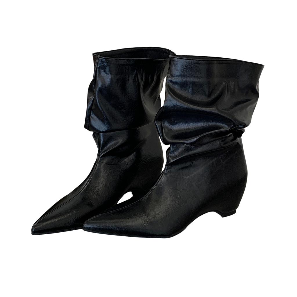 New European and American sexy stacked medium boots pleated tube circumference short boots pointed fashion slope heel high heel medium boots