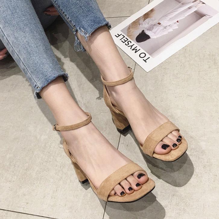 One-word buckle sandals women's 2021 new ins trendy fashion versatile thick heel Roman shoes fairy style high heels