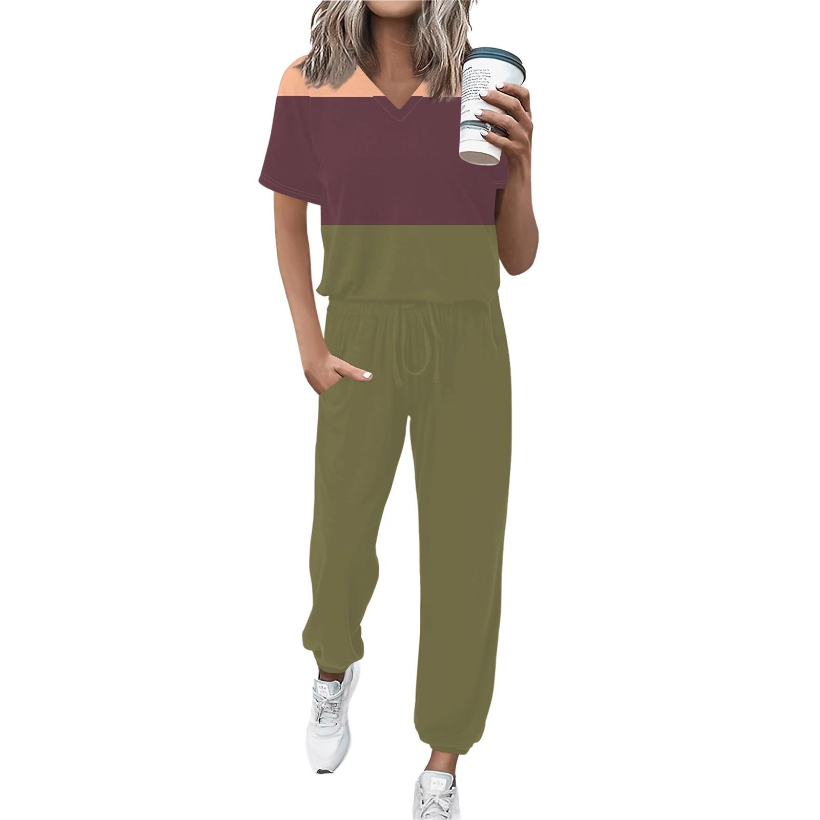 

Женский спортивный костюм с V-образным вырезом и коротким рукавом, свободные брюки L армия зеленый