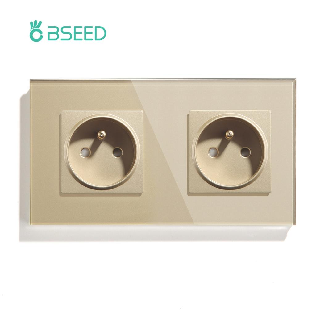 BSEED 1/2/3Gang Touch Light Switches 1Way With French Sockets Type-c USB Wall Power Outlets Glass Panel Blue Backlight Gold