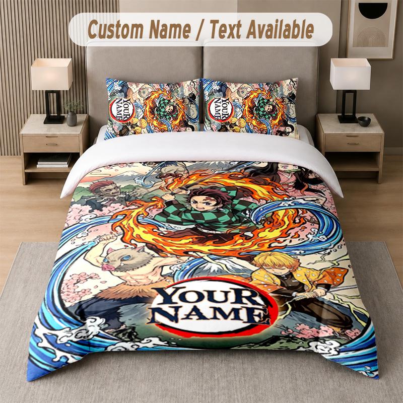 Demon Slayer 3Pcs Bedding Set, Personalized Custom Name Text, 1 Duvet Cover & 2 Pillowcases For Bedroom