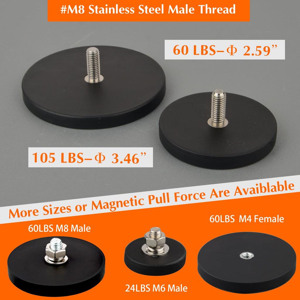 MUTUACTOR Neodym Gummiummantelte Magnete 100 lbs M8 Außengewinde 2 Stück Kratzfreie Montage-Magnete für Offroad-Fahrzeugbeleuchtung LED-Arbeitssignal