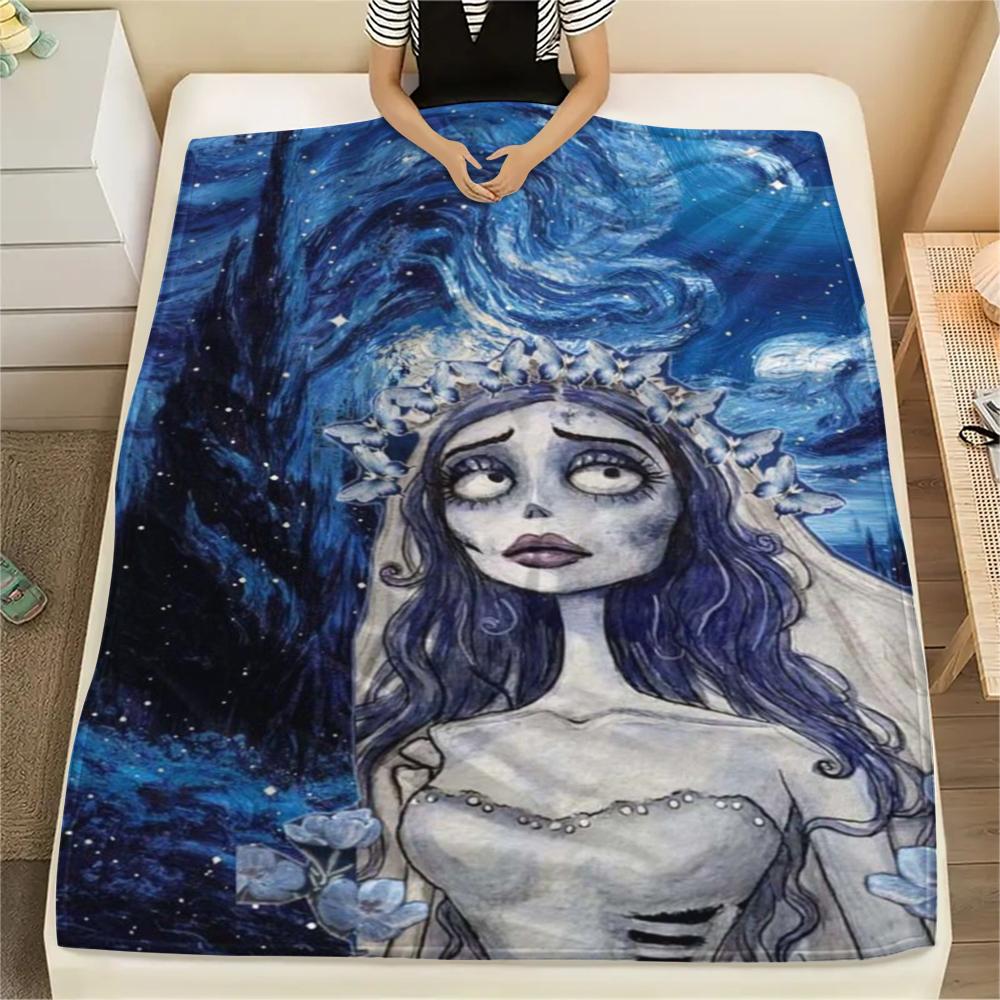 1Pc Corpse Bride Cartoon Print Flannel Blanket, High Quality Comfortable for All Seasons, Home Decor, Warmth and Comfort, Perfect for Gifts