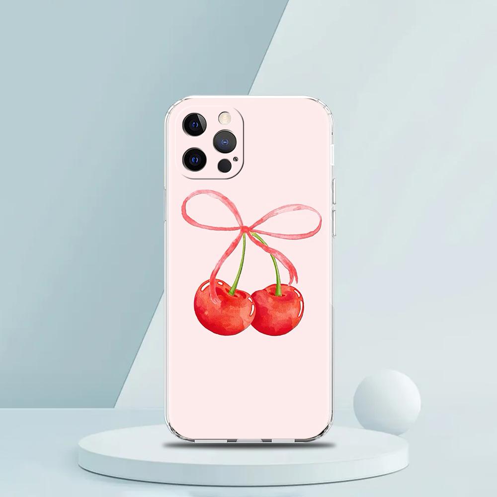 Cute Cherry Bow Luxury Phone Case For iPhone 18 16 15 14 13 12 11 Pro Max XS X XR SE 7 8 Plus Soft Silicone Clear Cover