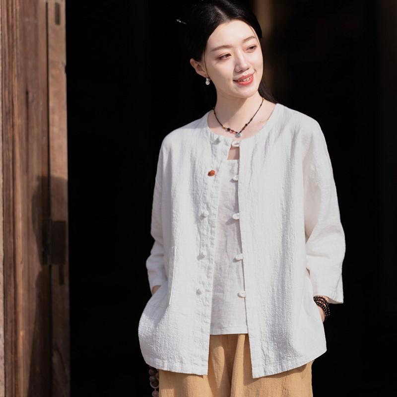 Johnature Women Vintage Shirts Tops Solid Color O-Neck Seven Sleeve Spring Button Women Chinese Style Blouses
