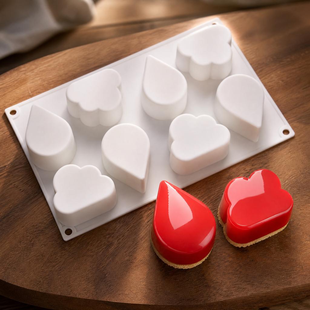 Silicone Cake Mold 8 Cavities Mousse Baking Mold Heart Shape Diamond Fruit Design Flexible Non-Stick Kitchen Tool for Dessert Making