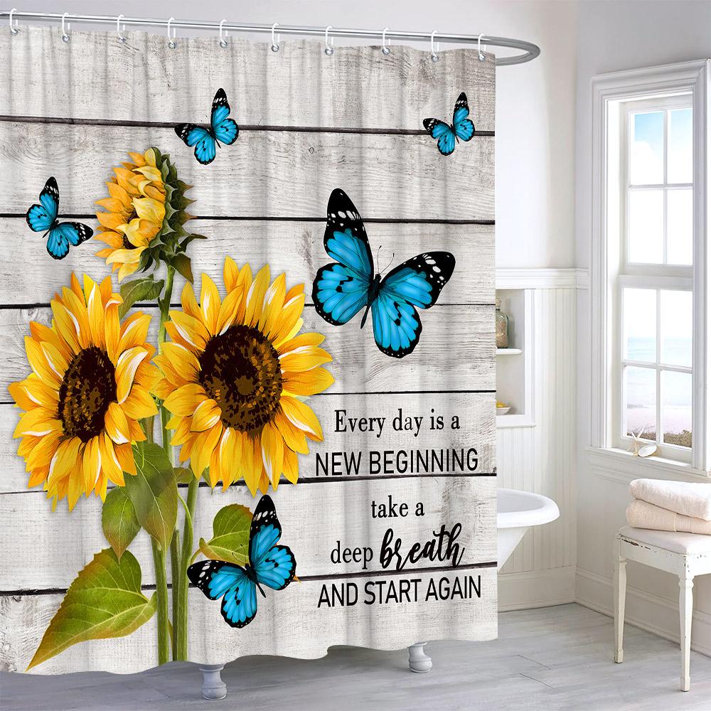 Rustic Sunflower Flower Butterfly Print Shower Curtain Vintage Floral Botanical Polyester Fabric Shower Curtains Bathroom Decor