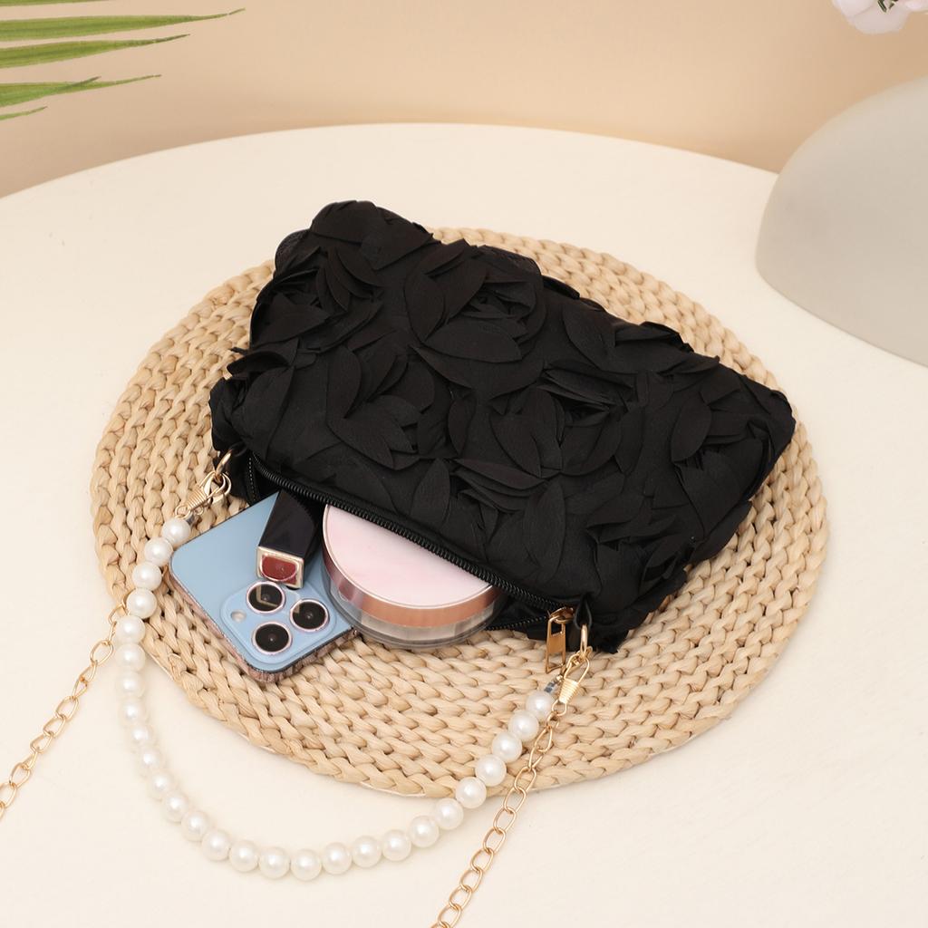 Geantă de mână cu floare de trandafir 3D și perle, cu curea lanț, pentru purtare crossbody sau pe umăr, pentru navetă zilnică și uz casual