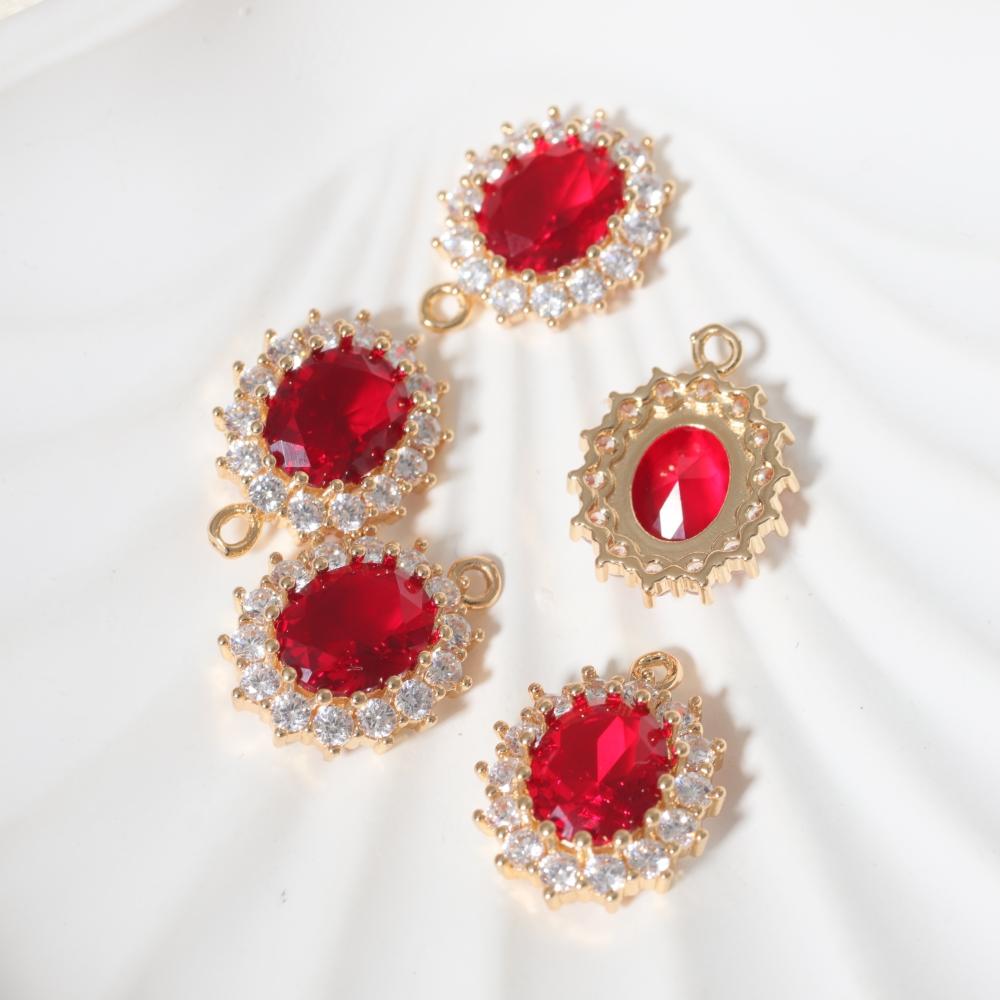 Copper Oval Red Zirconia Charms 2pcs for DIY Jewelry Making