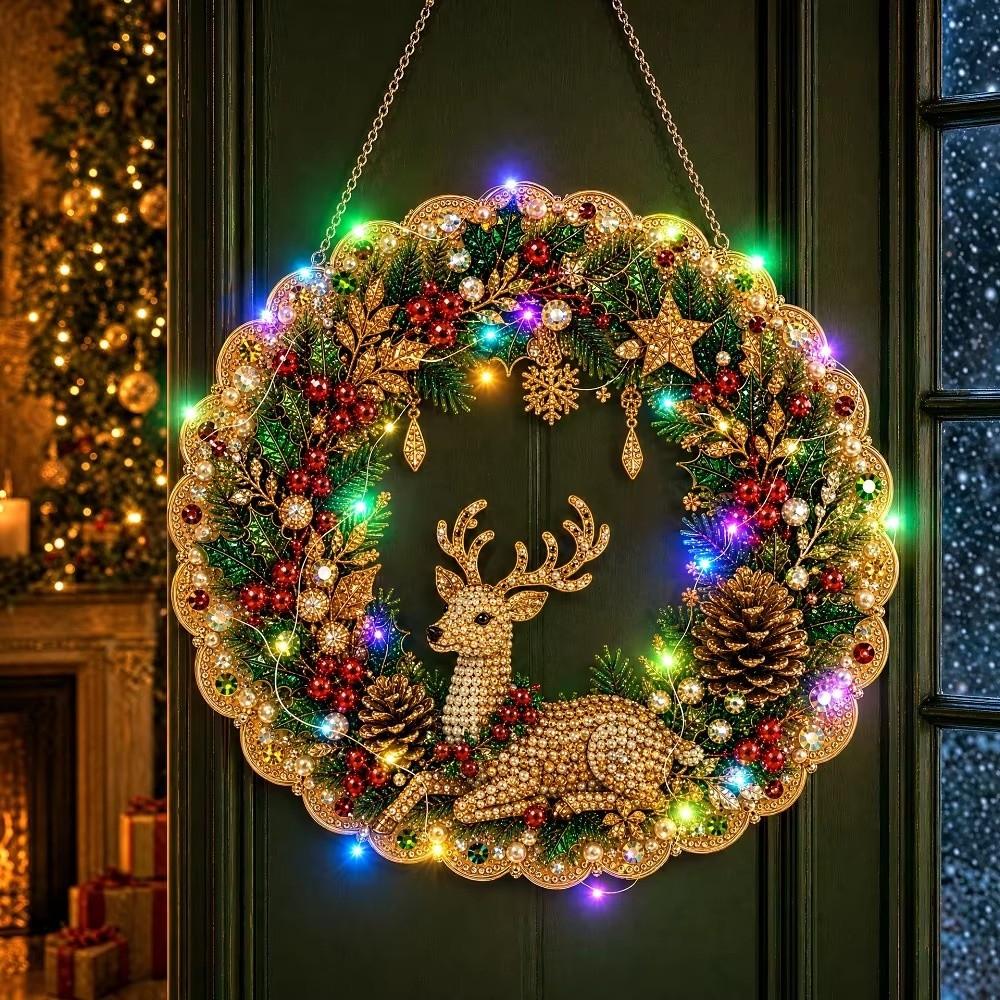 Diamond Sticking Diamond Art Wreath With LED String Light Hanging Wreath Holiday Gift