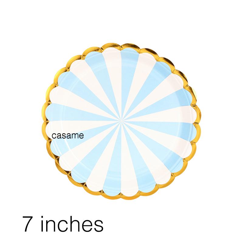 10 pezzi per 1 lotto Set di stoviglie monouso a righe blu rosa con pois Bicchieri di carta Piatti Cannucce Forchette Set monouso Decorazioni per feste di compleanno e matrimonio