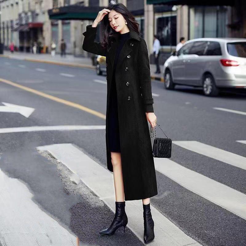 2025 Autumn/Winter Women s Dark Green Long Wool Coat - Slim, Over-the-Knee, Extra Thick S