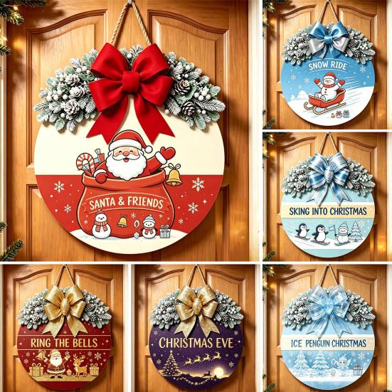 Decorative Pine Cone Sign Christmas Wooden Welcome for Front Door, Round Hanging Ornament with Solid Wood Plate Artificial Branches & Bow Decor