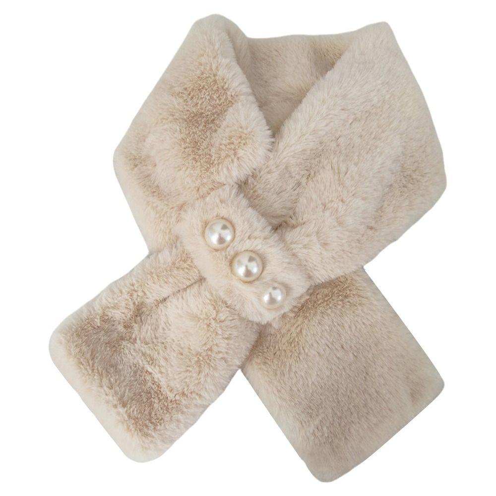 Elegant Solid Color Plush Cross Scarf Imitation Pearl Winter Warmer Neck Scarf Comfortable Neck Warmer Evening