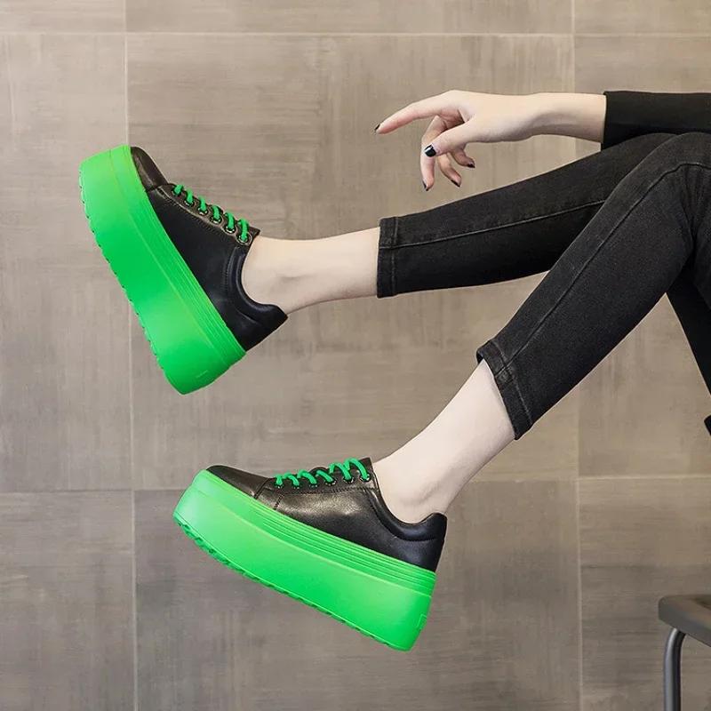 Fashion Leather Women's Casual Shoes Super Thick 8 Cm Fashion Sneakers Thick Spring Apartment Women's Shoes