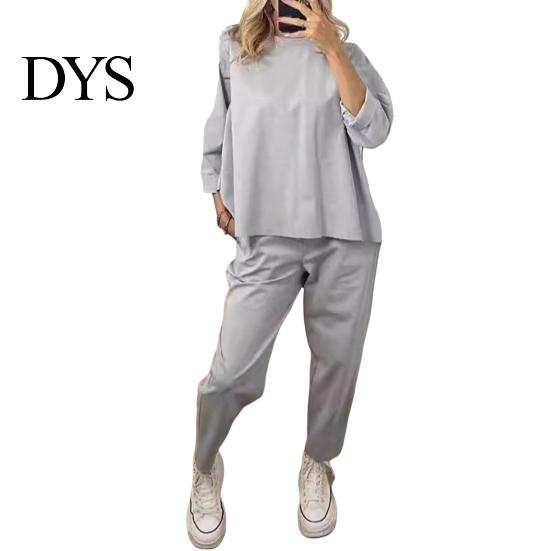 Ninth Pants Set 2 Pcs/Set Women Sweatshirt Round Neck Long Sleeves Top Elastic Spring Sport Outfit Waist Wide Leg Sweatpants Autumn Casual Commuting