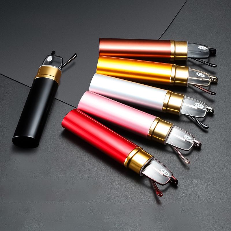 Computer Glasses Mini Folding Reading Glasses Women Men +1.0 To 4.0 Alloy Portable Container Presbyopia Pen Glasses With Box