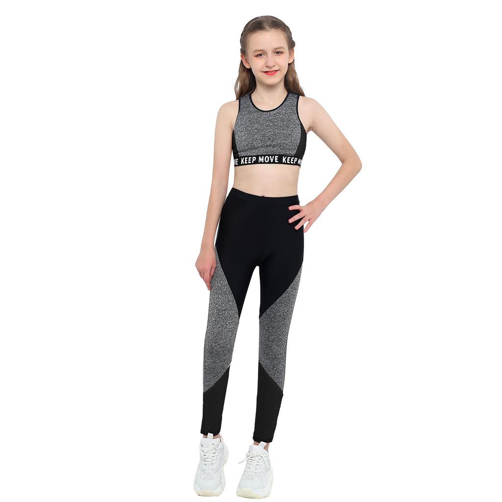Girls Workout Running Suit Round Neckline Wide Shoulder Straps Top Elastic Waistband Sport Set