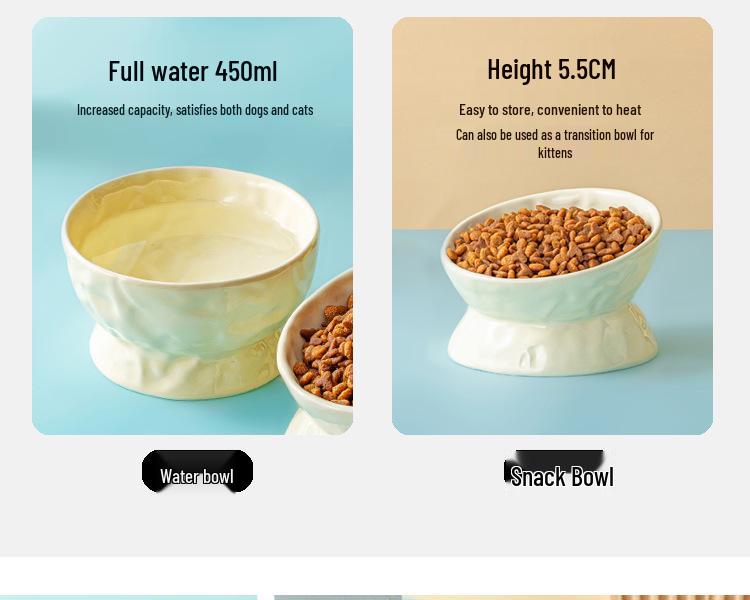 Ceramic Cat & Dog Feeder: Cute, Slanted Double Bowl with High-Leg Design for Neck Protection and Anti-Tip Stability.