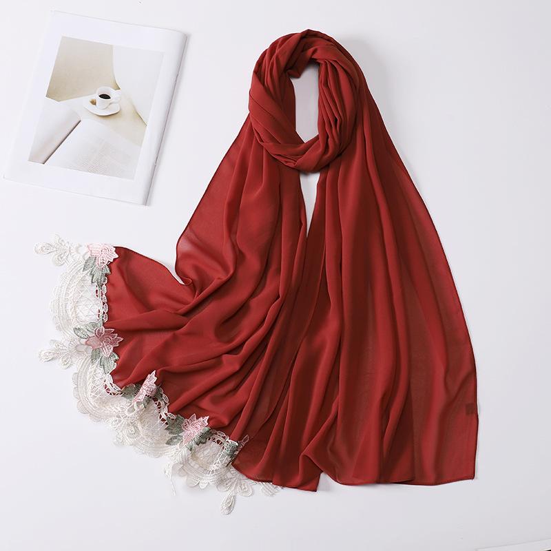 New Premium Pearl Chiffon Hijab Long Shawl Embroidered Lace Floral Muslim Women Wrap Headscarf 70X175Cm Abaya Islam Turban Femme