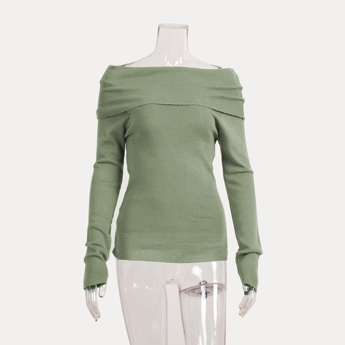 Spring Off-the-shoulder Solid Color Slim Fit One-shoulder Long Sleeve Knit Top for Women Sexy European & American Style S светло-зеленый