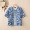 ZANZEA Women Retro Print Casual Round Neck Short Sleeve Open Front Cardigan Tops
