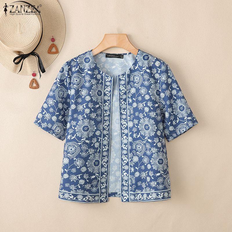ZANZEA Women Retro Print Casual Round Neck Short Sleeve Open Front Cardigan Tops