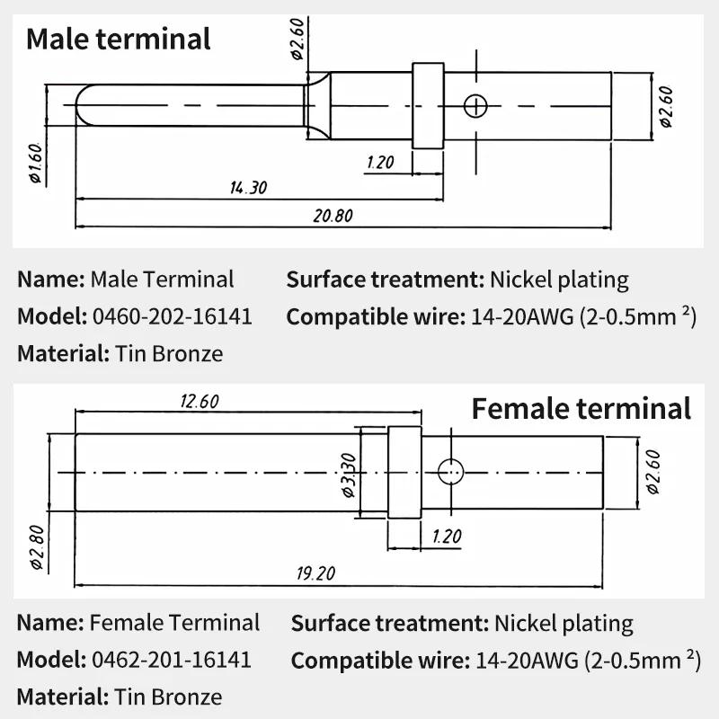 50Pcs DT 1.5mm Series Pin Contact 0462-201-16141 0460-202-16141 Stainless Steel 16AWG Deutsch Crimp Solid Female male Terminal