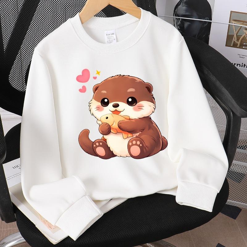 Kids Crew Neck Sweatshirt, Cute Otter Holding Fish Print, Soft Cozy Pullover for Autumn & Winter