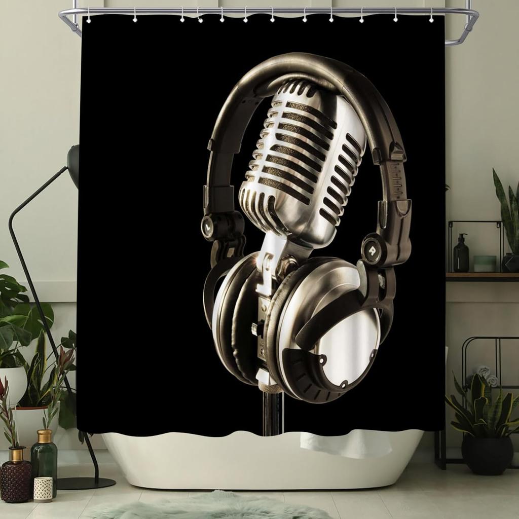 Music Shower Curtain Microphone Printed Black Shower Curtain 180x 180cm Polyester Fabric Bathroom Decoration