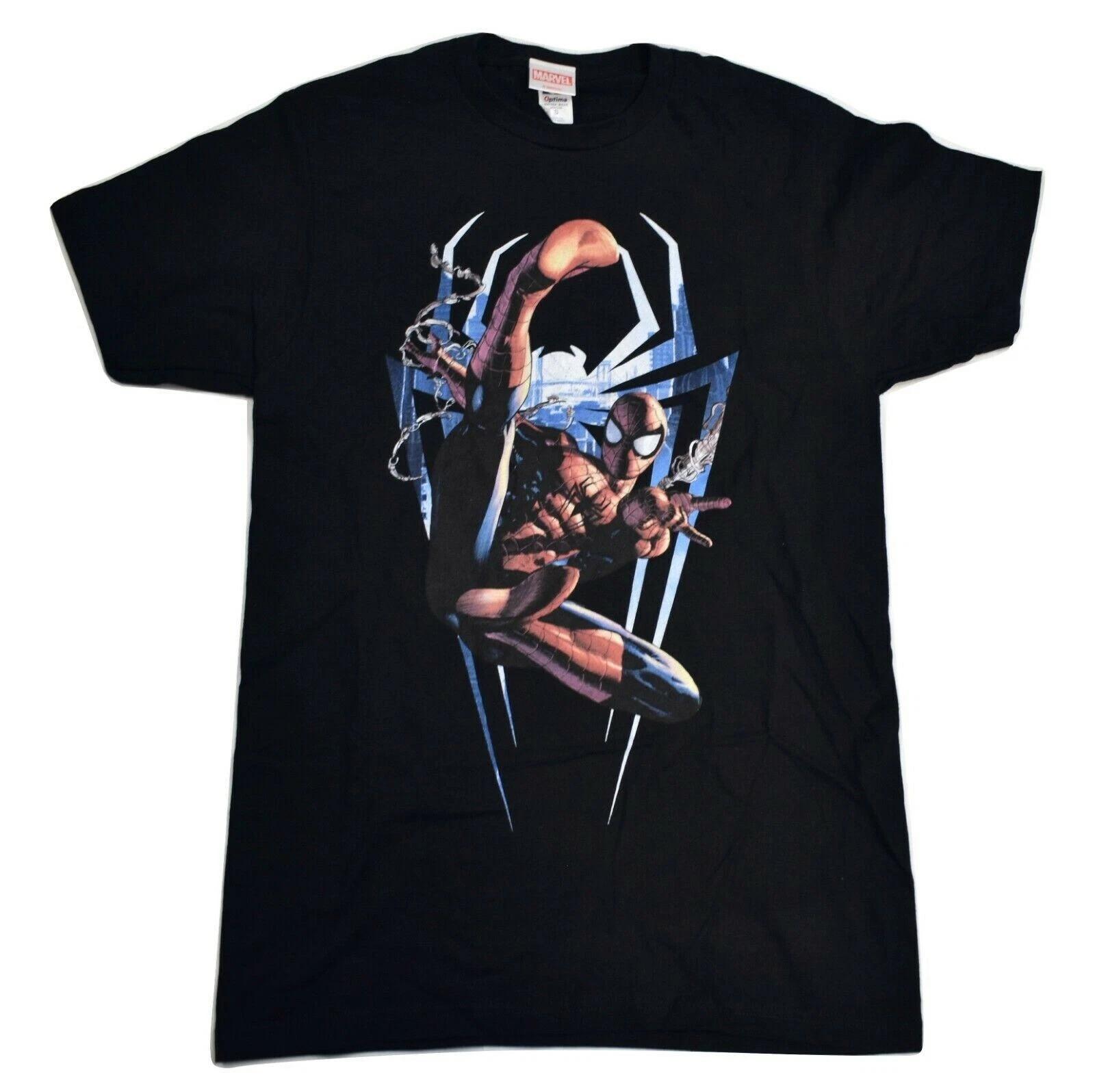 

Marvel Mens Spiderman In Action Slinging Webs Black Shirt New S, M S