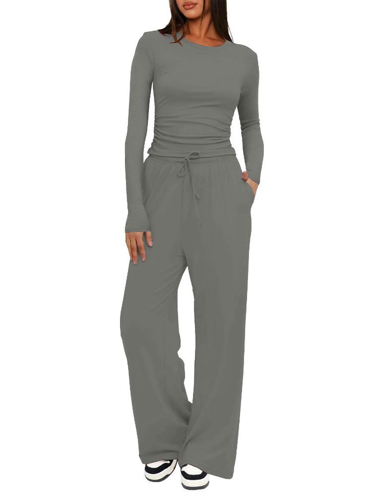 Solid Color Casual Long Sleeve Set Top High Waisted Wide Leg Pants Sportswear