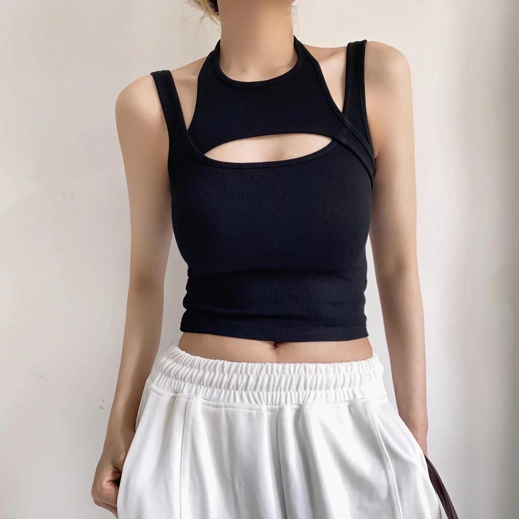Asymmetrical Crop Top Y2k E-girl Hollow Out Knitted Corset Top Sleeveless O Neck Mini Vest Basic Casual Sporty  Summer