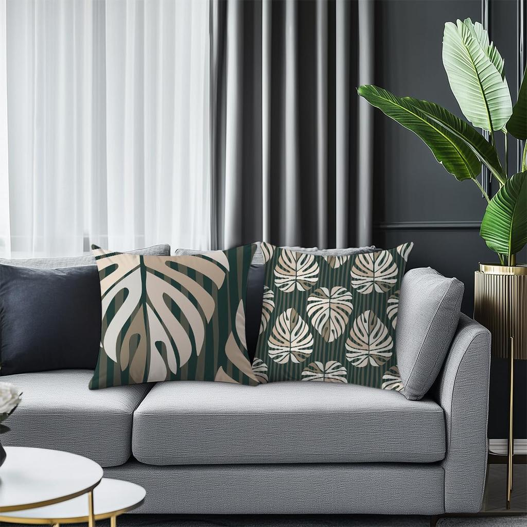 2 Pack Green Beige Monstera Pillow Covers Double Sided Print Tropical Geometric Cushion Cases Home Decor For Sofa