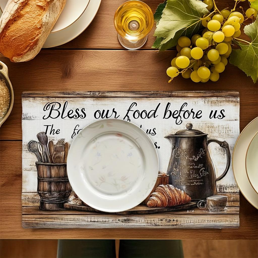 4 Stück "Bless Our Food" Leinen-Tischsets - 12x18 Zoll, Rustikales Holzdesign mit Kaffeekanne, Croissants & Besteck, Perfekt für Familientreffen & Gemütlichkeit