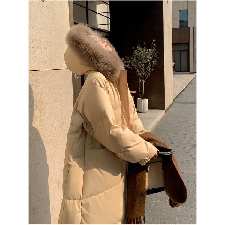 Chinese Style Cotton Coat with Fur Collar Women Winter Long Loose Solid Color Warm Jacket