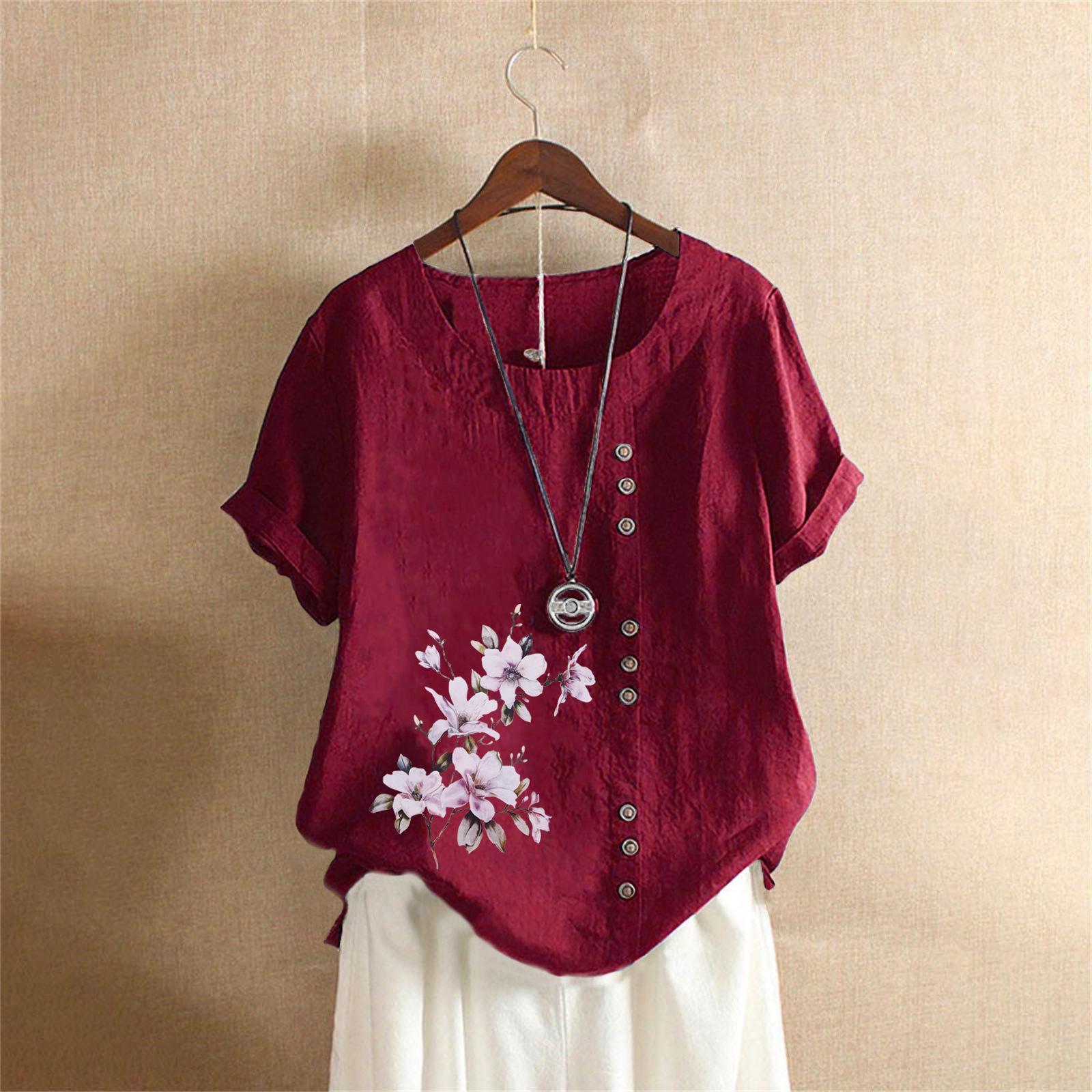 

Женская одежда из хлопка и льна, летняя и осенняя, в стиле ретро, повседневная свободная футболка с короткими рукавами 2XL красный