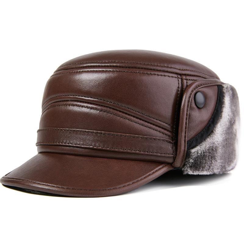 Winter Echte Schaffell Leder Uschanka Mütze | Dick gefütterte Fleece-gefütterte Warme Klappen-Mütze für Ältere Herren Outdoor Trapper Mütze für Papa