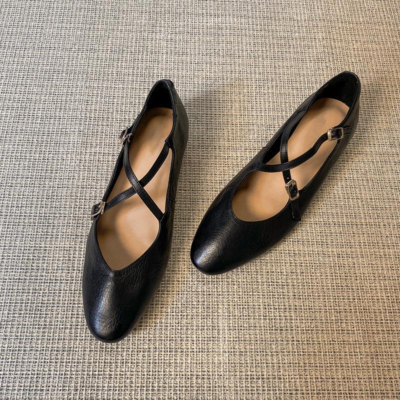 Washed cowhide~ Red ballet shoes retro leather cross-strap Mary Jane shoes women's round head shallow mouth flat-soled single shoes