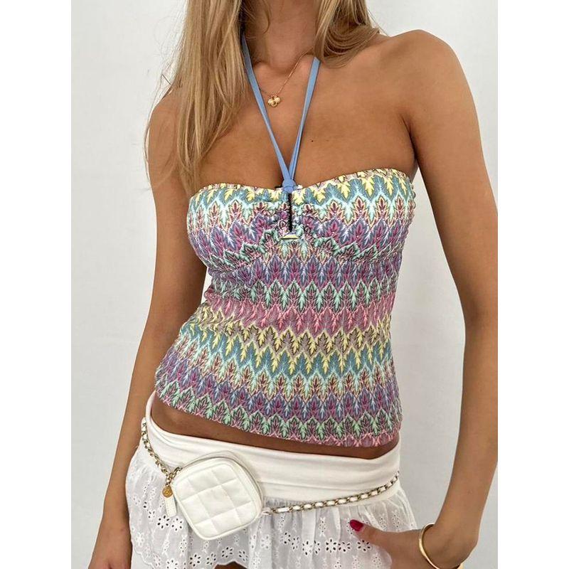 H Home European and American Women's Clothing Bohemia Retro Color Stripes Woven Halter Spaghetti Straps Niche Style Hollow Sexy Tube Top