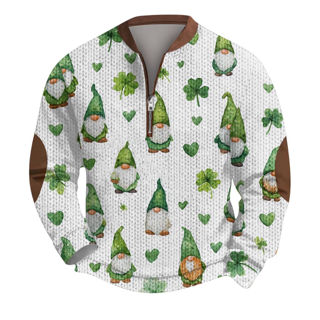 Mens Christmas Sweater Zip Up Sweatshirts Vintage Knit Graphic Sweatshirt St. Patrick's Day Stand Collar Pullover