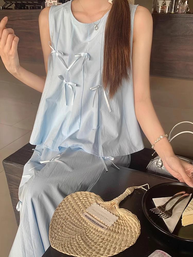 Women's Summer Two-Piece: 3D Bow Vest & High Waist A-Line Midi Skirt